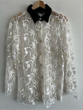 Zebra Sheer Embroidered White Blouse with Black Collar